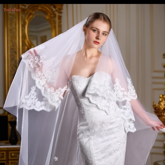 Two layer cathedral veil with lace and floral embellishments